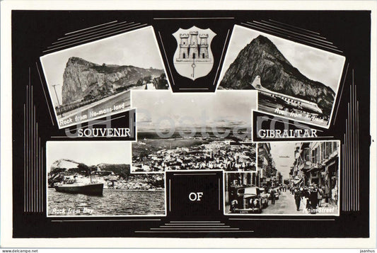 Souvenir of Gibraltar - Entrance to Town - Rock - Main street - ship - car multiview - old postcard - Gibraltar - unused - JH Postcards