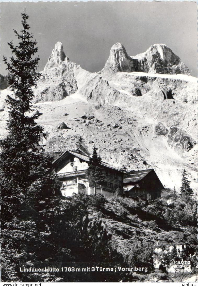 Lindauer Hutte 1763 m mit 3 Turme - Vorarlberg - alpine hut - mountain peaks - old postcard - 1958 - Austria - used - JH Postcards