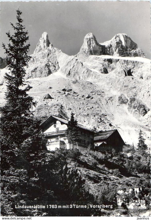 Lindauer Hutte 1763 m mit 3 Turme - Vorarlberg - alpine hut - mountain peaks - old postcard - 1958 - Austria - used - JH Postcards