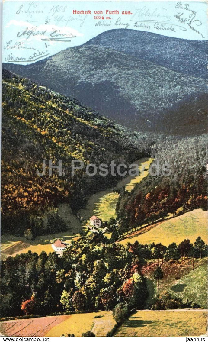 Hocheck von Furth aus 1036 m - mountains - Eduard Grunner - Wirt am Hocheck 1544 - old postcard - 1908 - Austria - used - JH Postcards