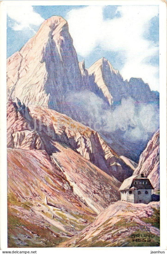 Eduard Pichlhutte im Biegengebirge - hut - mountains illustration by Bruno Hess - 1560 - old postcard - Austria - unused - JH Postcards