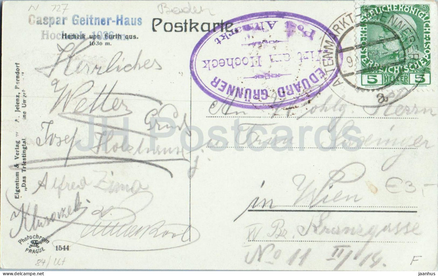 Hocheck von Furth aus 1036 m - montagnes - Eduard Grunner - Wirt am Hocheck 1544 - carte postale ancienne - 1908 - Autriche - utilisé 