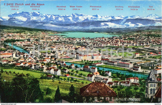 Zurich und die Alpen - 2412 - alpine panorama - old postcard - 1931 - Switzerland - used - JH Postcards