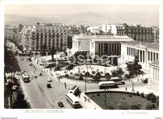 Athens - University Avenue - city street - bus - square view - old postcard - 1962 - Greece - used - JH Postcards