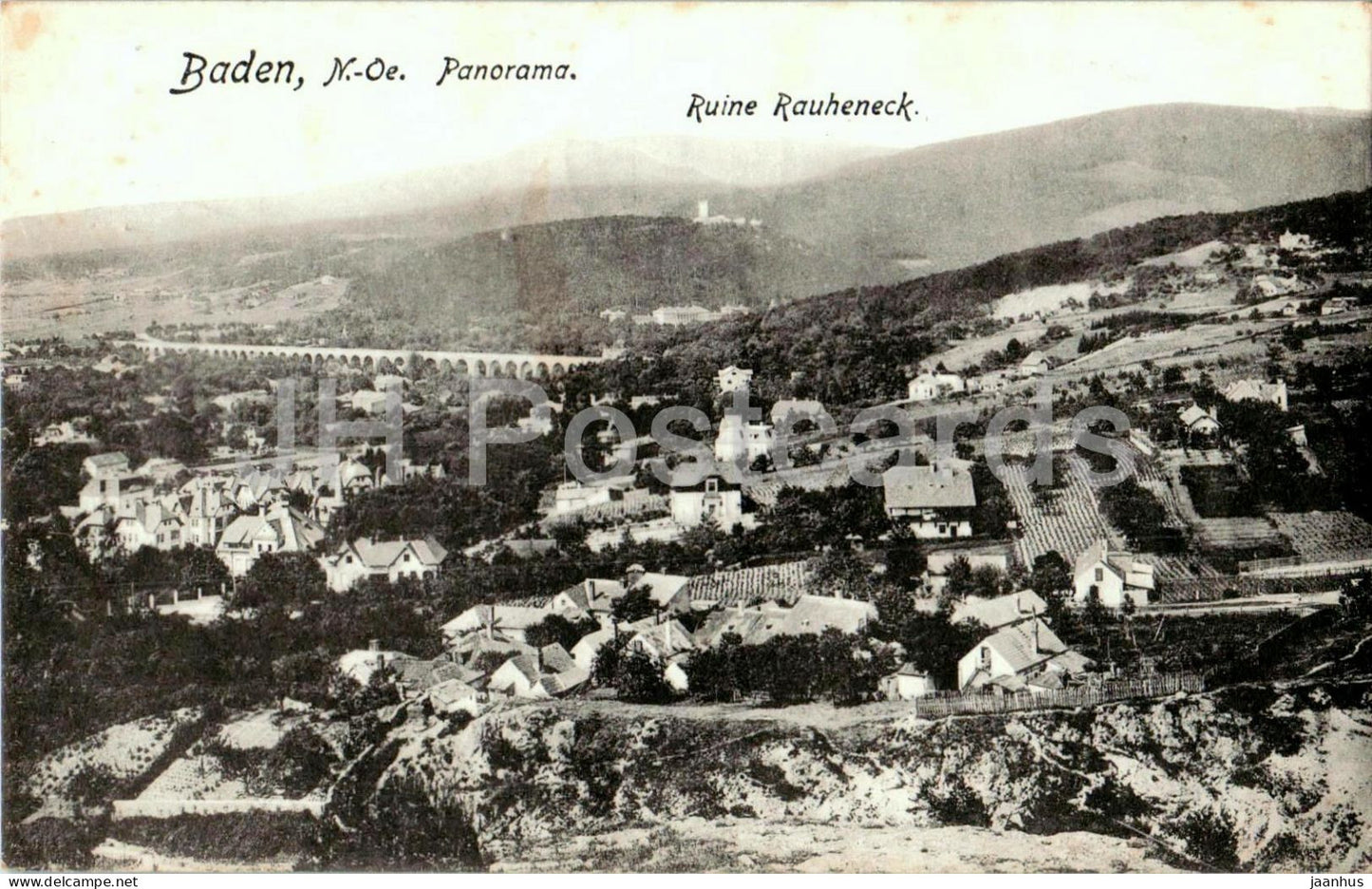 Baden - Panorama - Ruine Rauheneck - city and hills view - old postcard - 1950 - Austria - used - JH Postcards