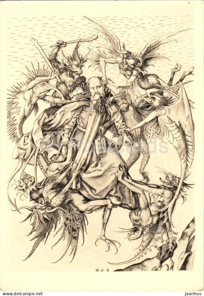 engraving by Martin Schongauer - The Temptation of Saint Anthony - German art - 1965 - France - unused - JH Postcards