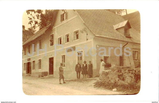 St Gallen ? Small town street with people front of Gasthaus like building - photo - old postcard - Austria - used - JH Postcards