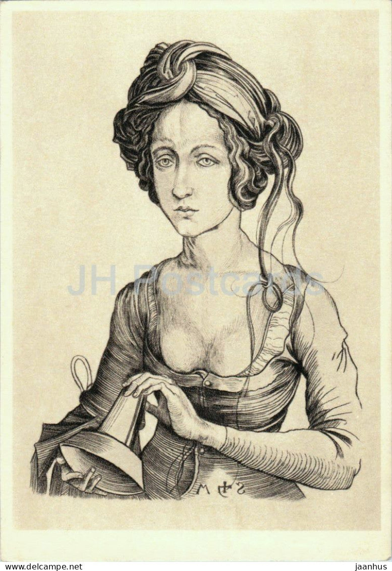 engraving by Martin Schongauer - A Foolish Virgin - Eine torichte Jungfrau - German art - 1965 - France - unused - JH Postcards