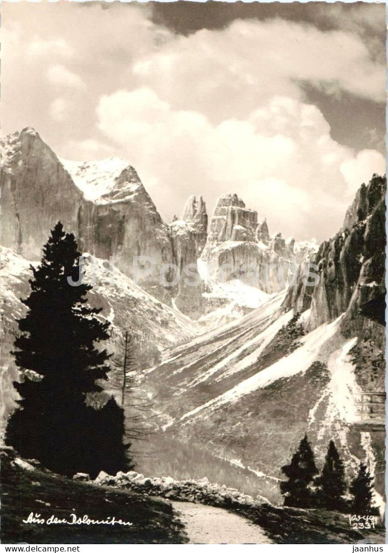 Aus den Dolomiten - Dolomites - mountain range - rocky peaks - alpine valley - 2331 - old postcard - Italy - unused - JH Postcards