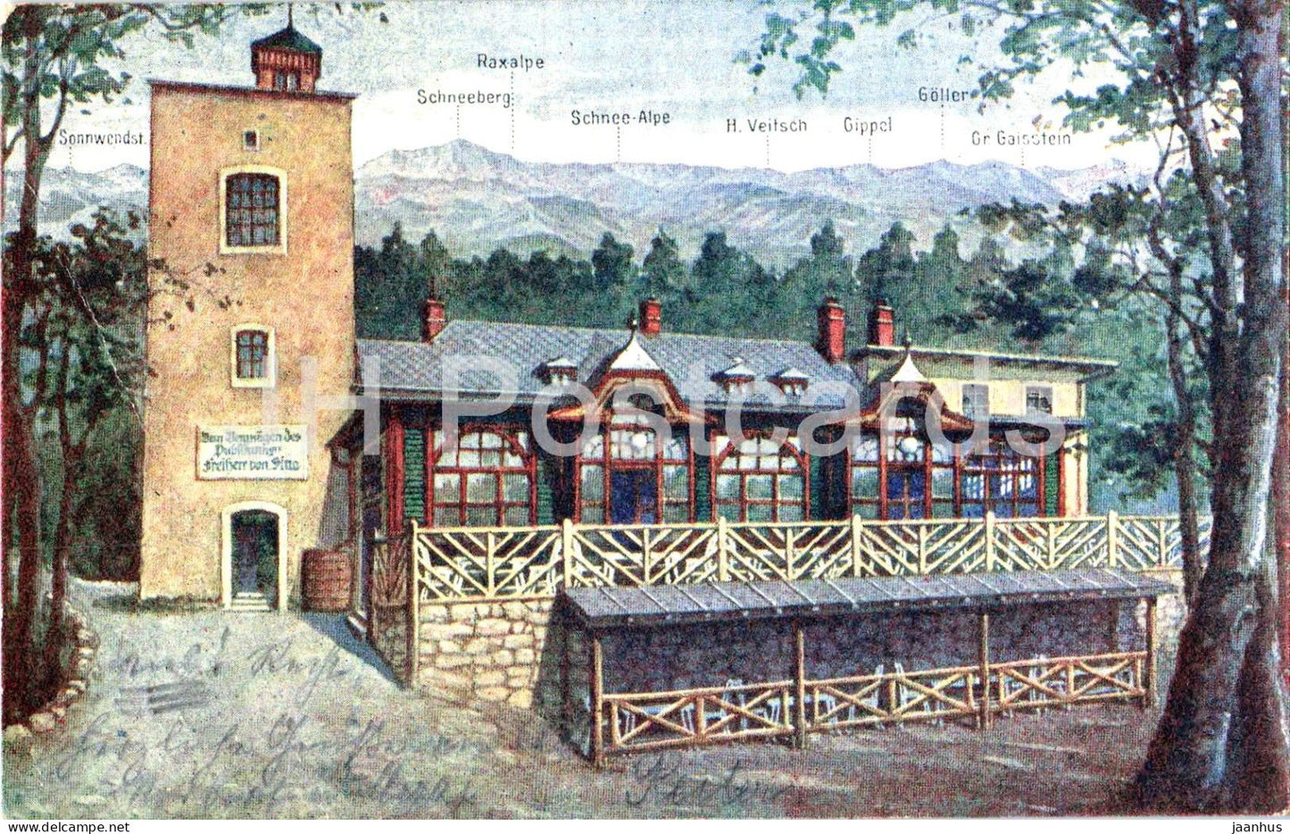 Schutzhaus am Hohen Lindkogel 847 m - Baden bei Wien - Aussichtsturm und Berghaus - old postcard - Austria - used - JH Postcards