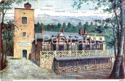 Schutzhaus am Hohen Lindkogel 847 m - Baden bei Wien - Aussichtsturm und Berghaus - old postcard - Austria - used - JH Postcards