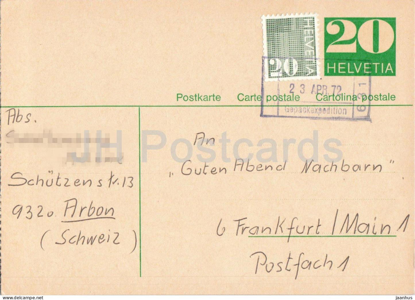 Guten Abend Nachbarn - Hessischer Rundfunk - postal stationery - 35 - 1972 - Switzerland - used - JH Postcards