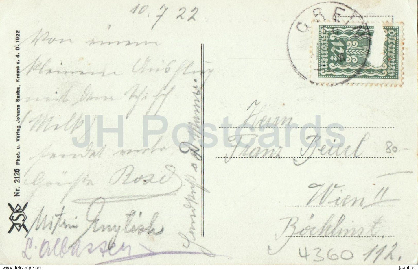 Grein a. d. Donau - Strudengau - Ob.-Oe. - town view - ship - 2126 - old postcard - 1922 - Austria - used