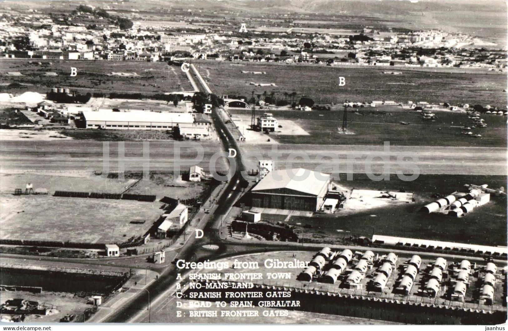 Greetings from Gibraltar - Spanish Frontier Town - No-mans-land - road to spain - old postcard - Gibraltar - unused - JH Postcards