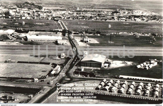 Greetings from Gibraltar - Spanish Frontier Town - No-mans-land - road to spain - old postcard - Gibraltar - unused - JH Postcards
