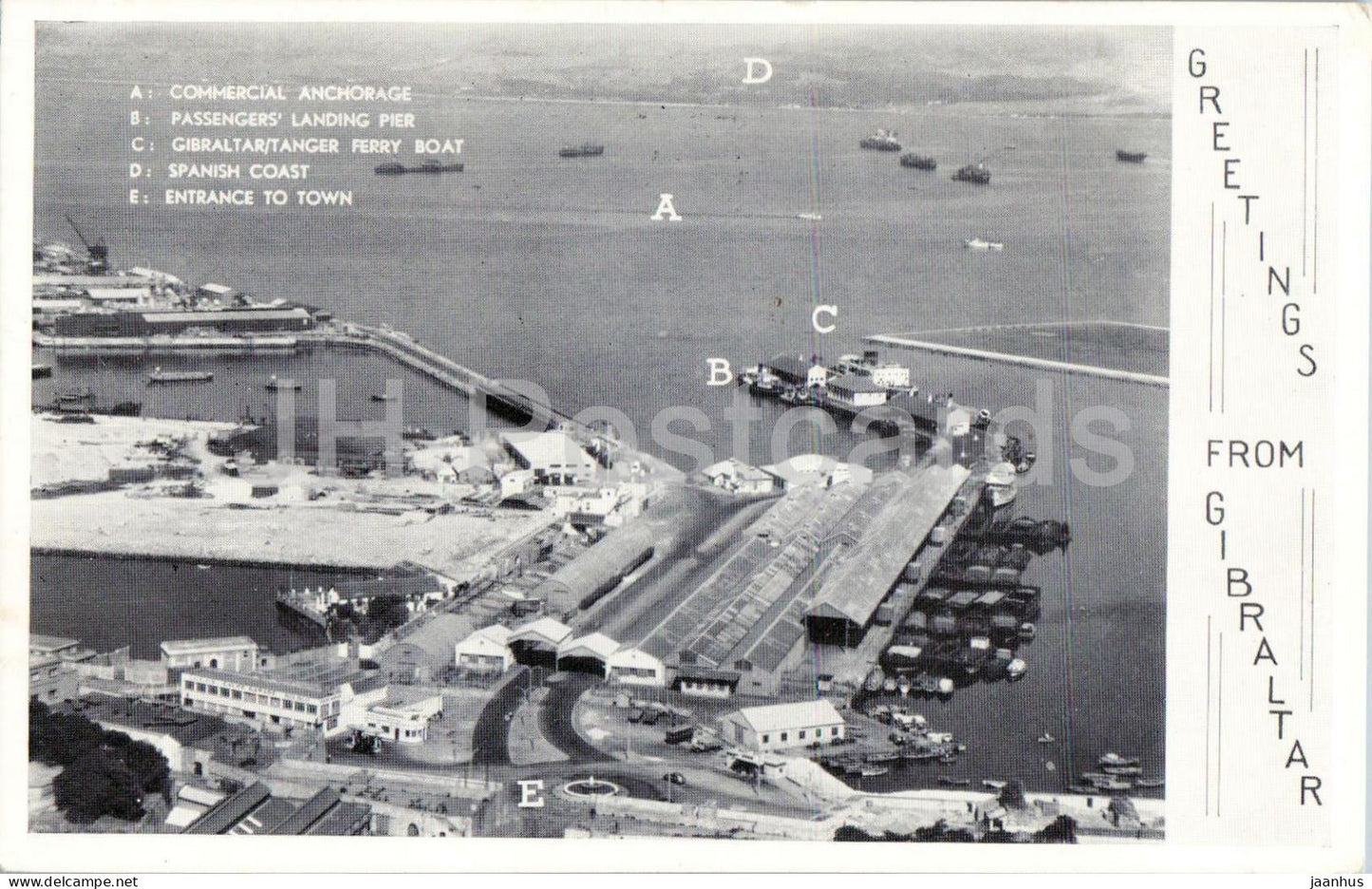 Greetings From Gibraltar - commercial anchorage - passengers pier - harbour - old postcard - Gibraltar - unused - JH Postcards