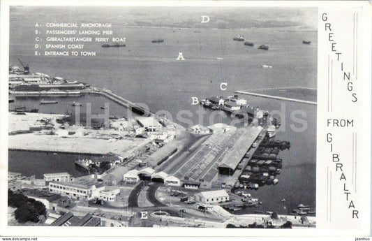 Greetings From Gibraltar - commercial anchorage - passengers pier - harbour - old postcard - Gibraltar - unused - JH Postcards