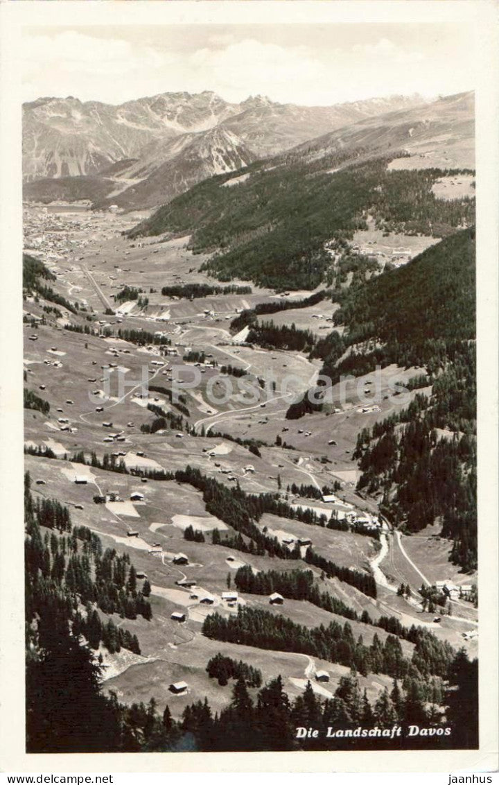 Die Landschaft Davos - alpine valley panorama, real photo - 1187 - old postcard - 1940 - Switzerland - used - JH Postcards
