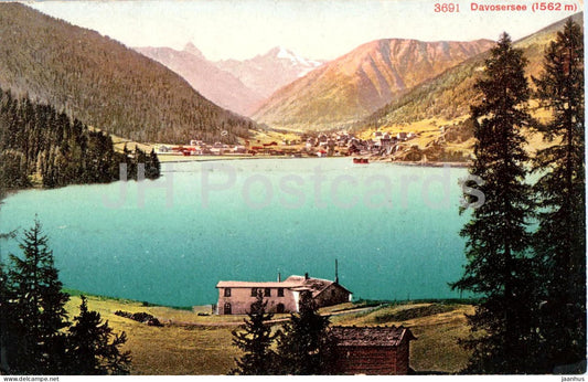 Davosersee 1562 m - lake and village view - 3691 - old postcard - 1908 - Switzerland - used - JH Postcards