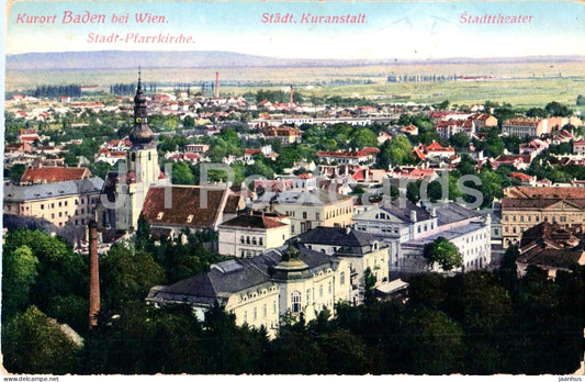 Kurort Baden bei Wien - Stadt Pfarrkirche - Stadt. Kuranstalt - Stadttheater - old postcard - 1917 - Austria - used - JH Postcards