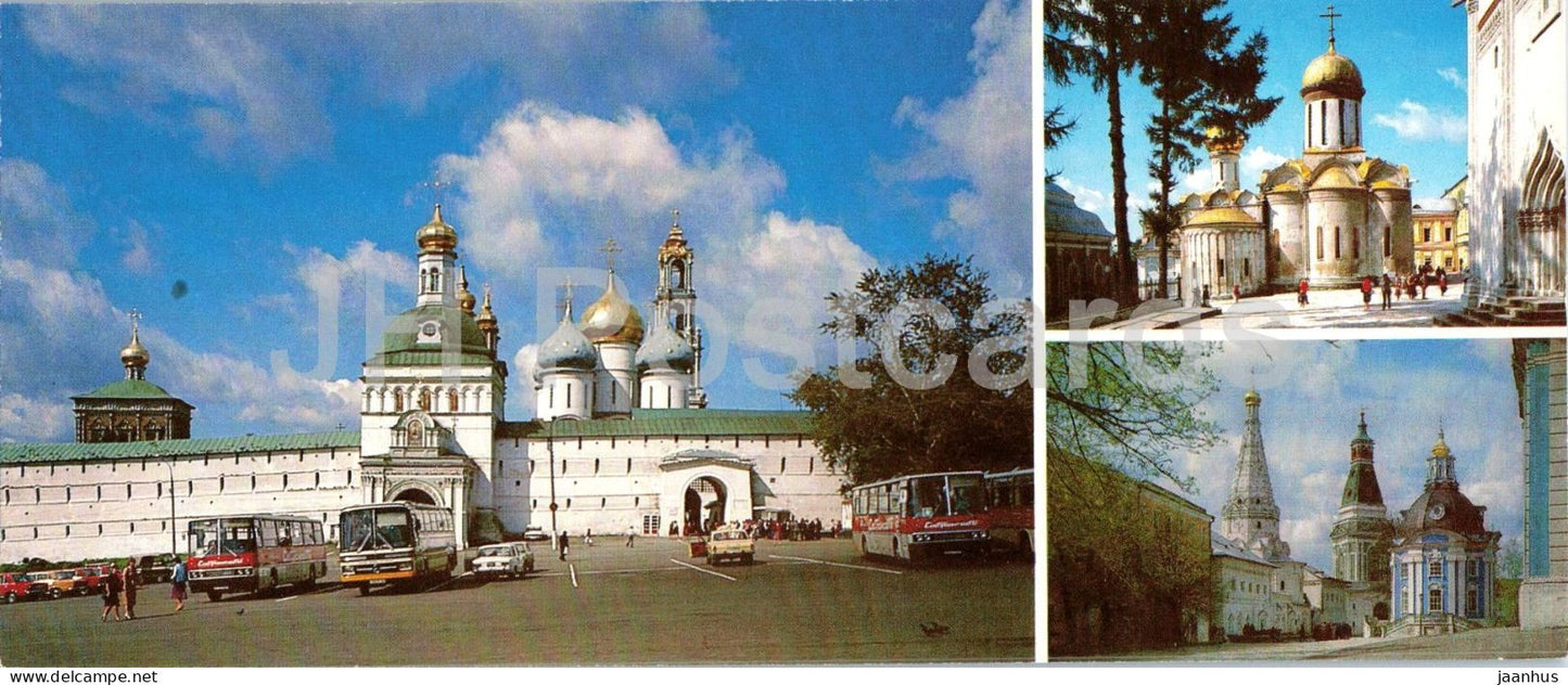 Zagorsk - Holy Gates Trinity Cathedral and bell tower - architecture - bus Ikarus - 1984 - Russia - USSR - unused - JH Postcards