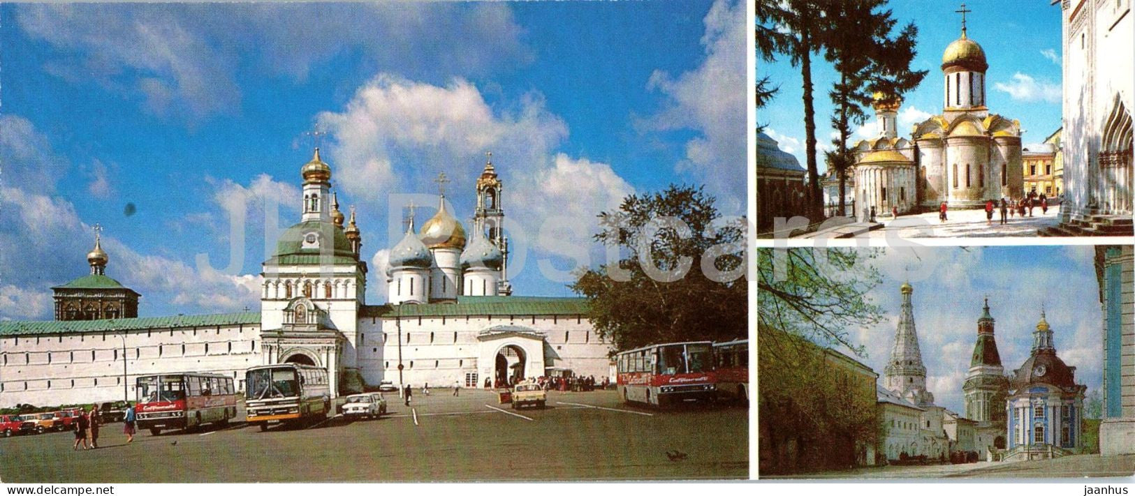 Zagorsk - Holy Gates Trinity Cathedral and bell tower - architecture - bus Ikarus - 1984 - Russia - USSR - unused - JH Postcards