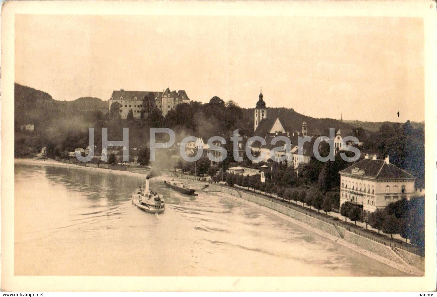 Strudengau - Grein a. d. Donau - castle - town view - steamboat - ship - 23958 - old postcard - 1916 - Austria - used - JH Postcards