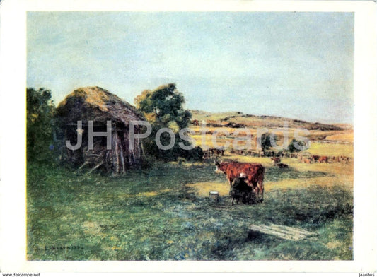 drawing by Leon Augustin Lhermitte - Landscape - cow - French art - 1962 - Russia USSR - unused - JH Postcards