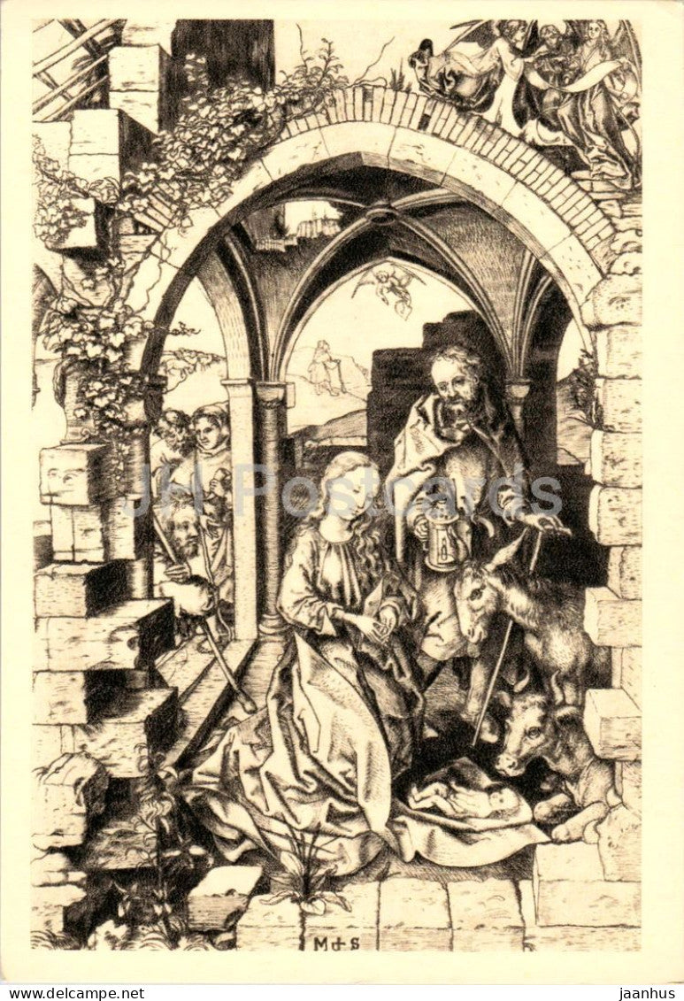 engraving by Martin Schongauer - The Nativity - Die Geburt Jesu - donkey - German art - 1965 - France - unused - JH Postcards