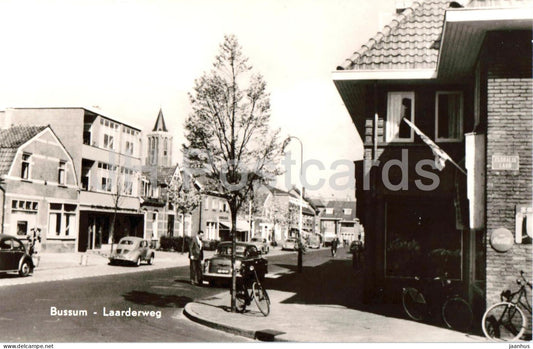 Bussum - Laarderweg - street view - church tower - cars - bicycle - No. 32 - old postcard - Netherlands - unused - JH Postcards