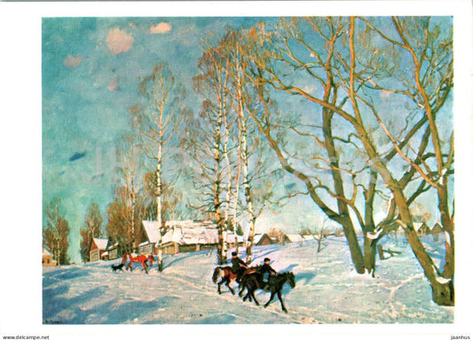 painting by K. Yuon - March Sun - horse - Russian art - 1974 - Russia USSR - unused - JH Postcards