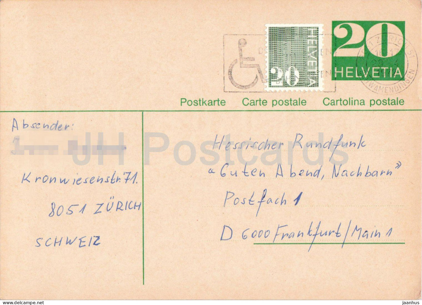 Guten Abend Nachbarn - Hessischer Rundfunk - postal stationery - 48 - 1972 - Switzerland - used - JH Postcards
