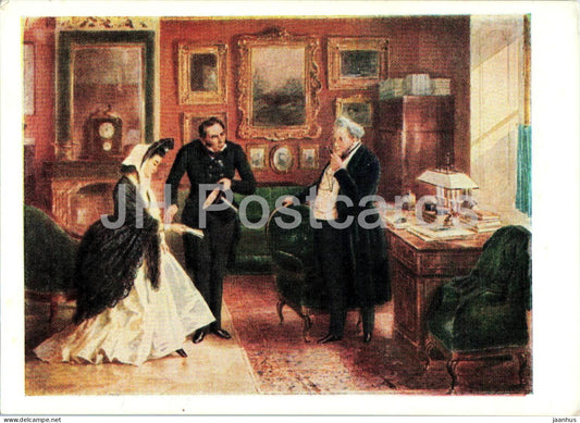 watercolor by P. P. Sokolov - In the Office of Theatre Director Saburov - old postcard art - 1957 - Russia USSR - unused - JH Postcards