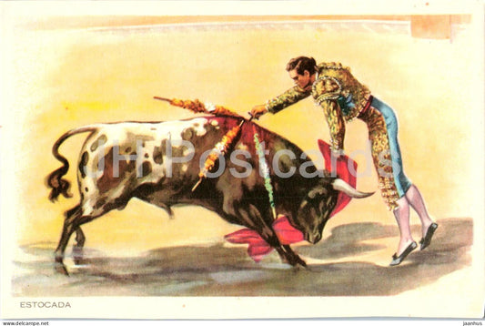 Estocada - bullfighting - matador - bull - corrida arena - illustration - old postcard - Spain - unused - JH Postcards