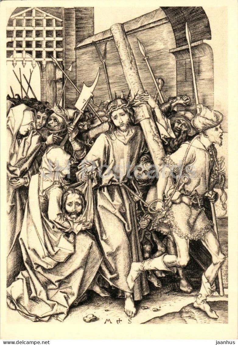 engraving by Martin Schongauer - Christ Carrying the Cross - Die Kreuztragung - German art - 1965 - France - unused - JH Postcards