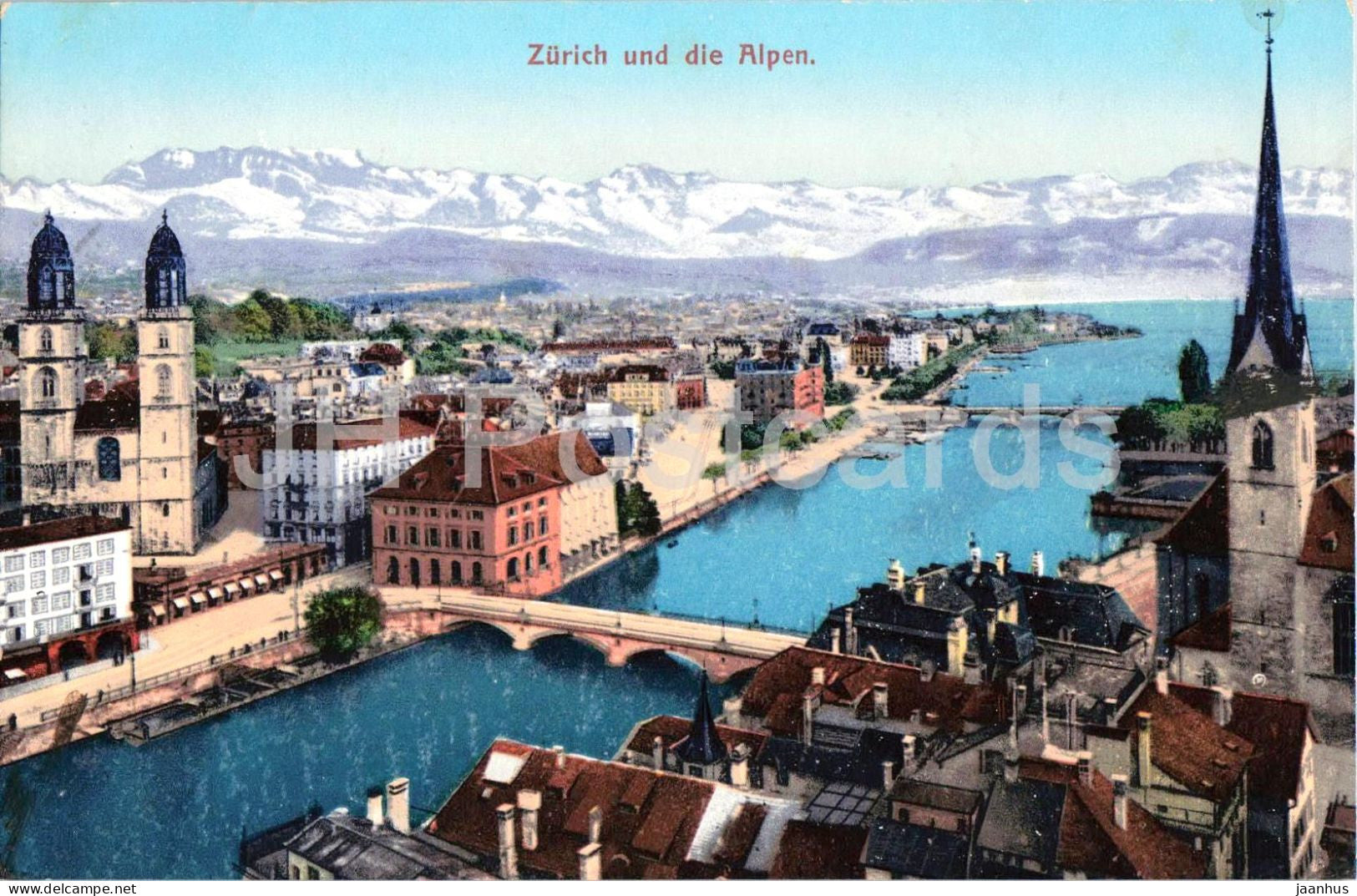 Zurich und die Alpen - Limmat - Grossmunster - lake view - 2891 - old postcard - 1907 - Switzerland - used - JH Postcards