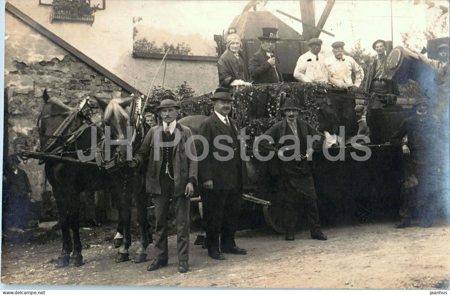 Eisenwurzen Men with horse cart and some machine - horse - rural group portrait - old postcard - Austria - used - JH Postcards