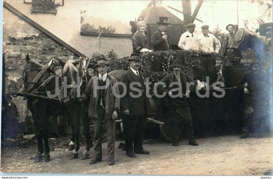 Eisenwurzen Men with horse cart and some machine - horse - rural group portrait - old postcard - Austria - used - JH Postcards