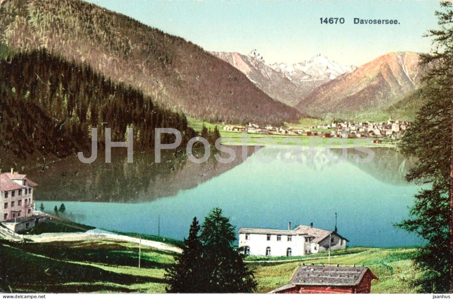 Davosersee - mountain lake view - 14670 - old postcard - Switzerland - unused - JH Postcards