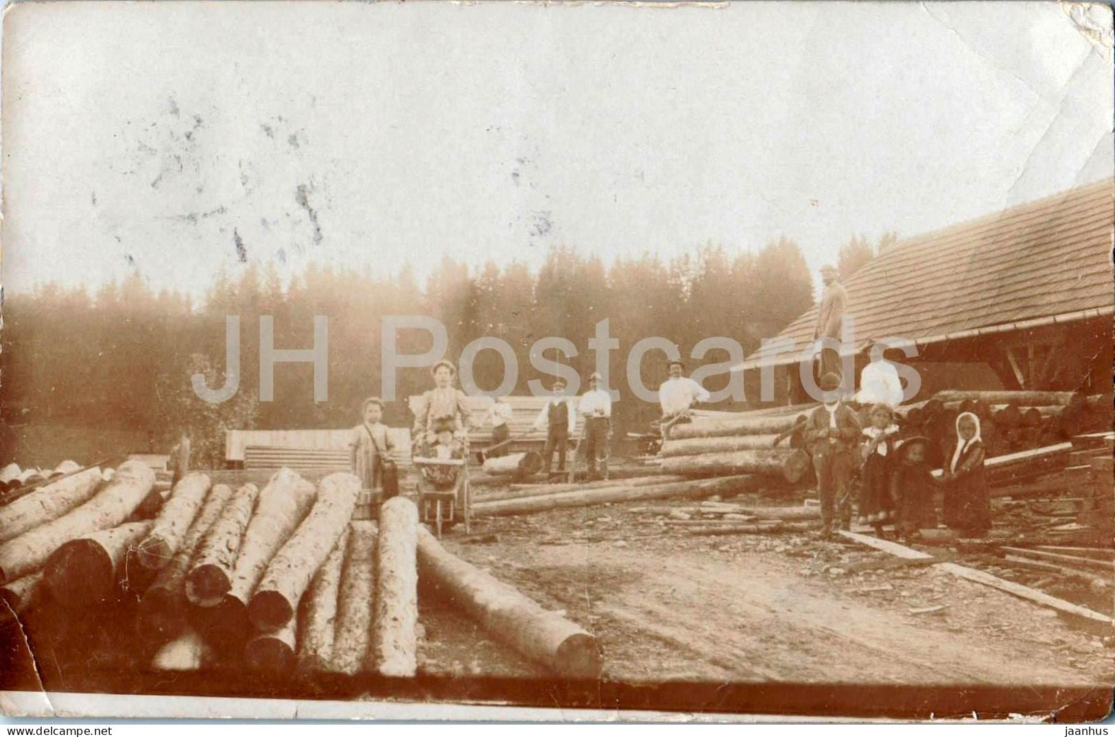 Treibach - Sawmill workers and family with timber logs - forest industry scene - old postcard - 1911 - Austria - used - JH Postcards