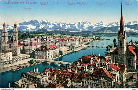 Zurich und die Alpen - city view - 790 - old postcard - 1925 - Switzerland - used - JH Postcards