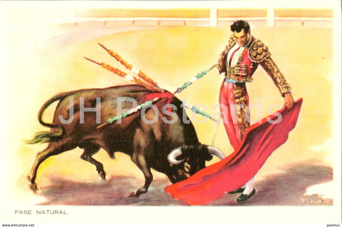 Pase Natural - bullfighting - matador - bull - corrida arena - illustration - old postcard - Spain - unused - JH Postcards