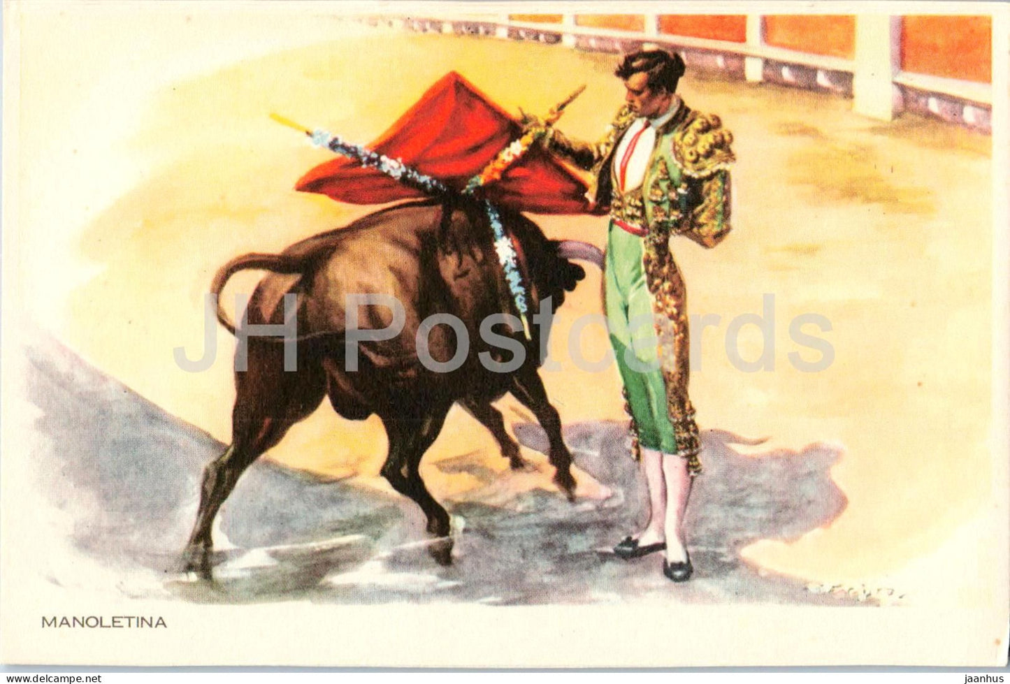 Manoletina - bullfighting - matador - bull - corrida arena - illustration - old postcard - Spain - unused - JH Postcards