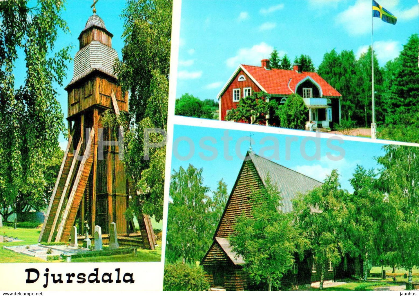 Djursdala - Klockstapeln - Prastgarden - Kyrkan - belfry priest's garden - church - multiview - SM 19 - Sweden - unused - JH Postcards