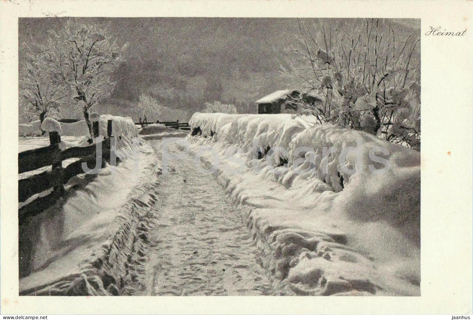 Grusch - Heimat series - snowy landscape with fence and hut - winter scene - old postcard - 1921 - Switzerland - unused - JH Postcards