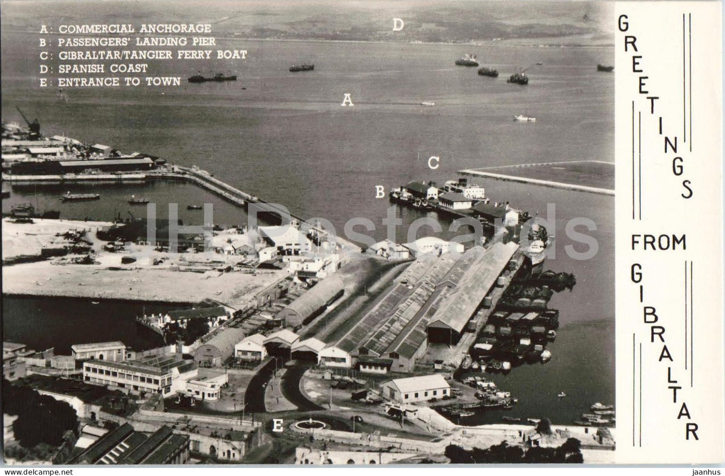 Greetings from Gibraltar - Commercial Anchorage Passengers Landing Pier - old postcard - Gibraltar - unused - JH Postcards