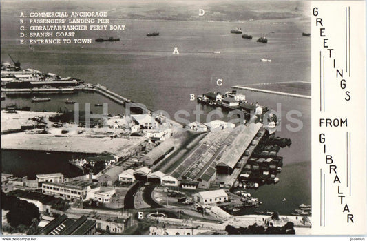 Greetings from Gibraltar - Commercial Anchorage Passengers Landing Pier - old postcard - Gibraltar - unused - JH Postcards