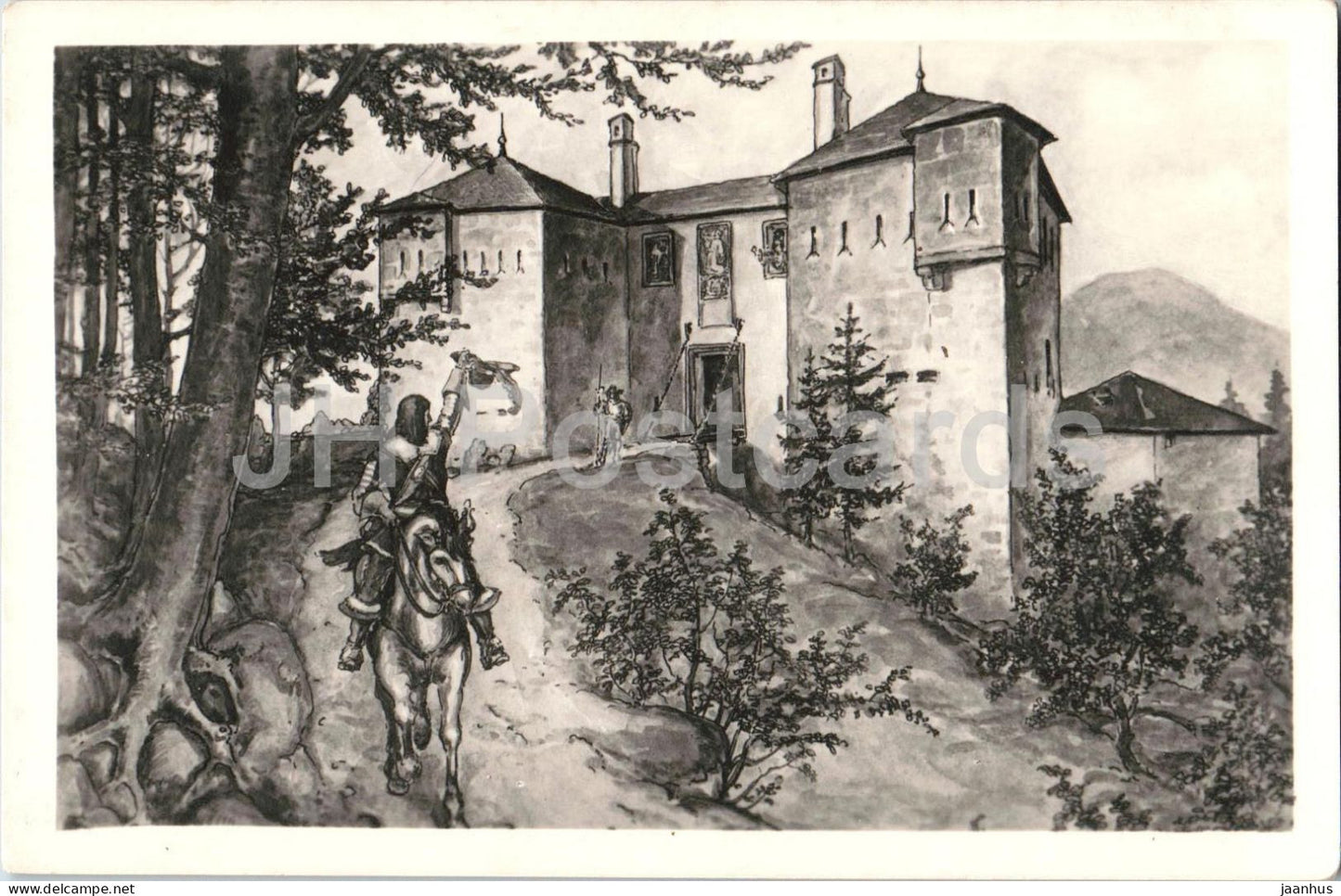 Salzburg - Franziski Schlossl am Kapuzinerberg - illustration - horse - castle - old postcard - 1945 - Austria - used - JH Postcards