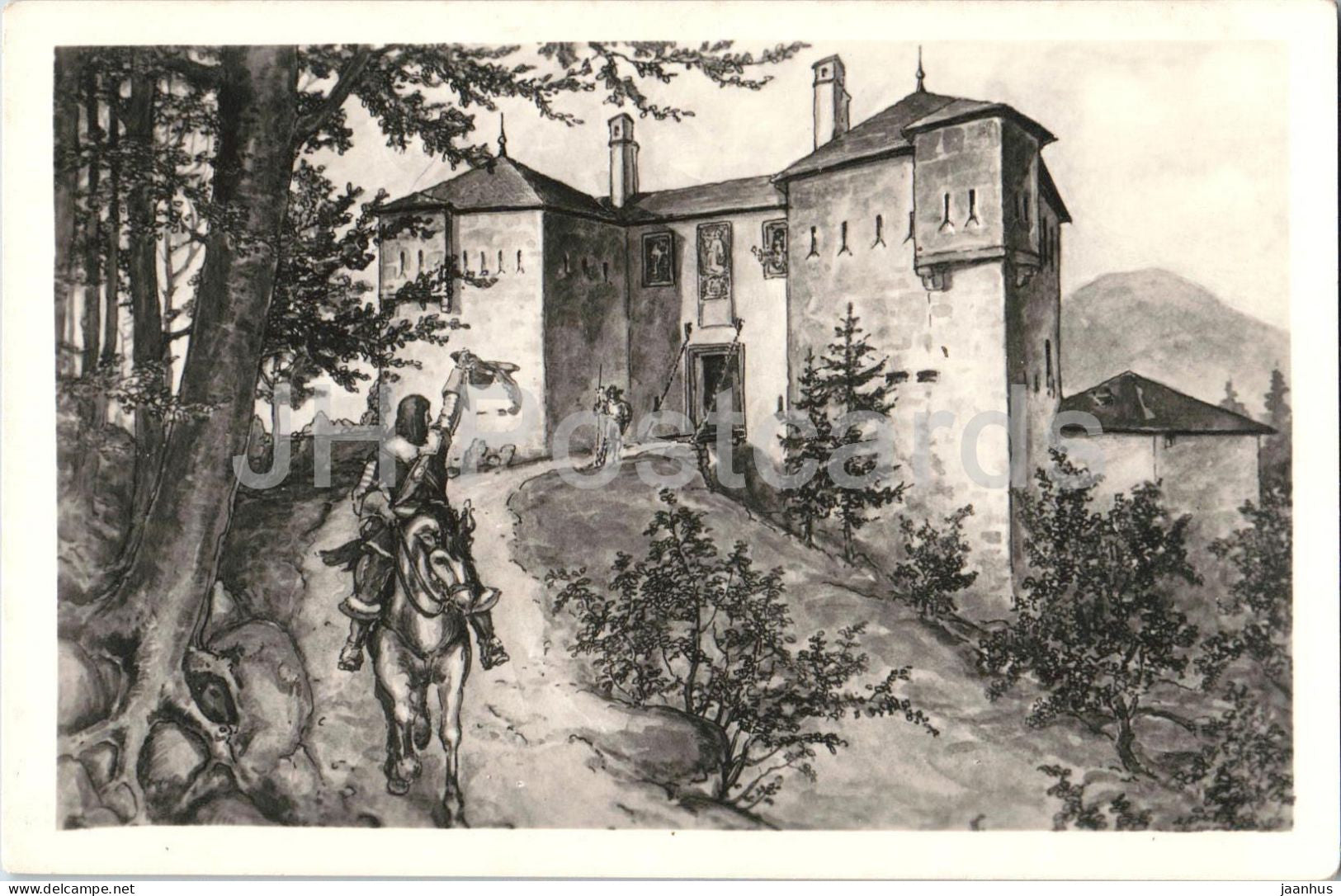 Salzburg - Franziski Schlossl am Kapuzinerberg - illustration - horse - castle - old postcard - 1945 - Austria - used - JH Postcards