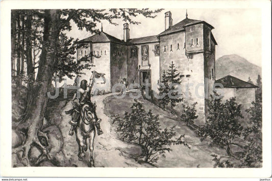 Salzburg - Franziski Schlossl am Kapuzinerberg - illustration - horse - castle - old postcard - 1945 - Austria - used - JH Postcards